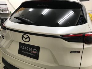 mazdacx-8マツダcx−８リアゲートメッキモールカーボンラッピング完成